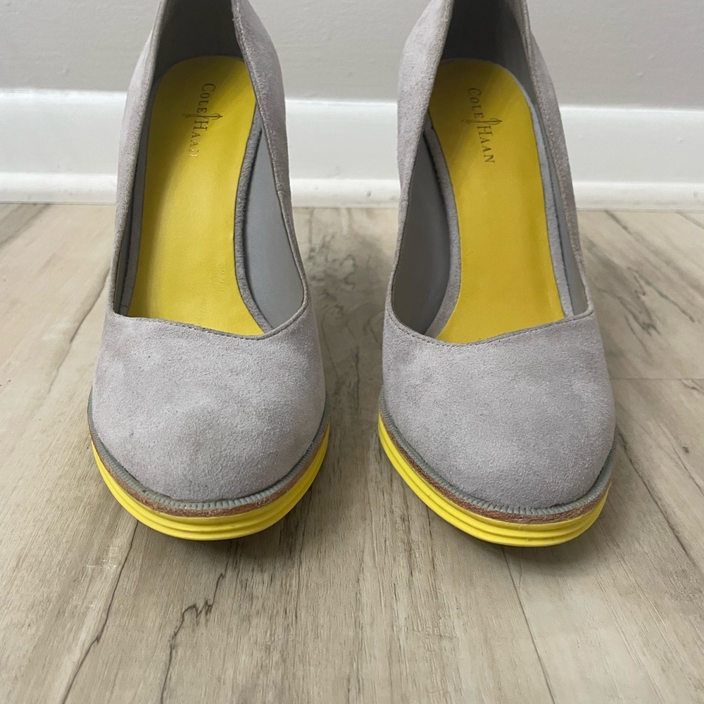 Cole Haan Gray Suede Platform Pumps with Yellow Accents. Size 6.5